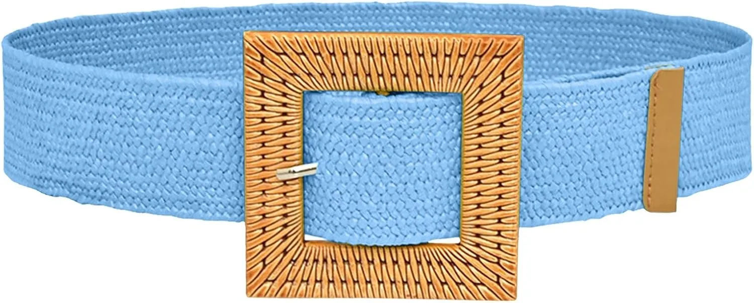 Woven Belt for Women Straw Elastic Stretch Wide Boho Waist Belt with Wooden Style Buckle