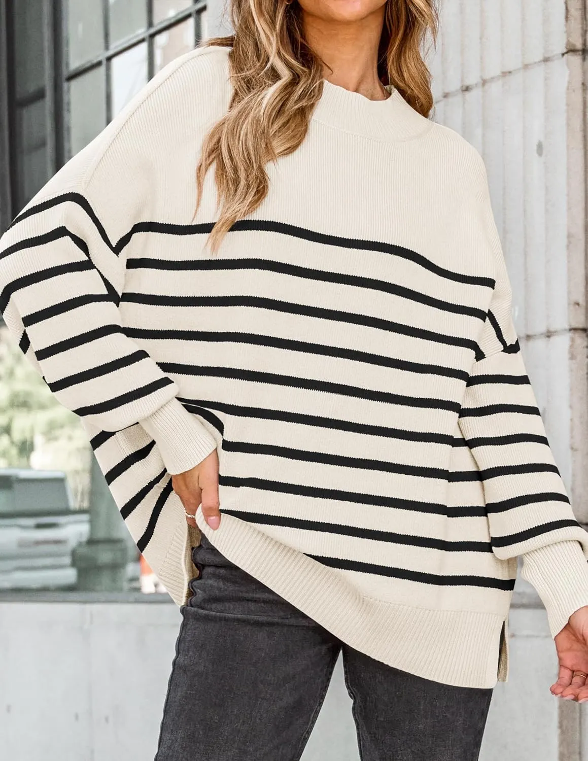 ZESICA Women's Winter Oversized Sweaters Long Sleeve Color Block Mock Neck Side Slit Comfy Loose Knitted Pullover Tops