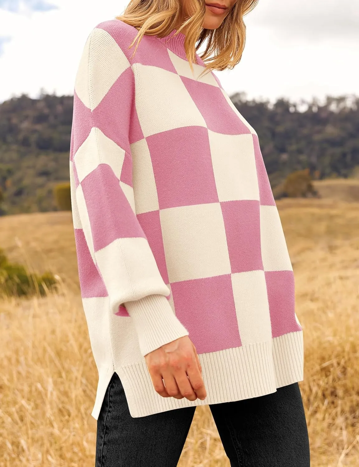 ZESICA Women's Winter Oversized Sweaters Long Sleeve Color Block Mock Neck Side Slit Comfy Loose Knitted Pullover Tops