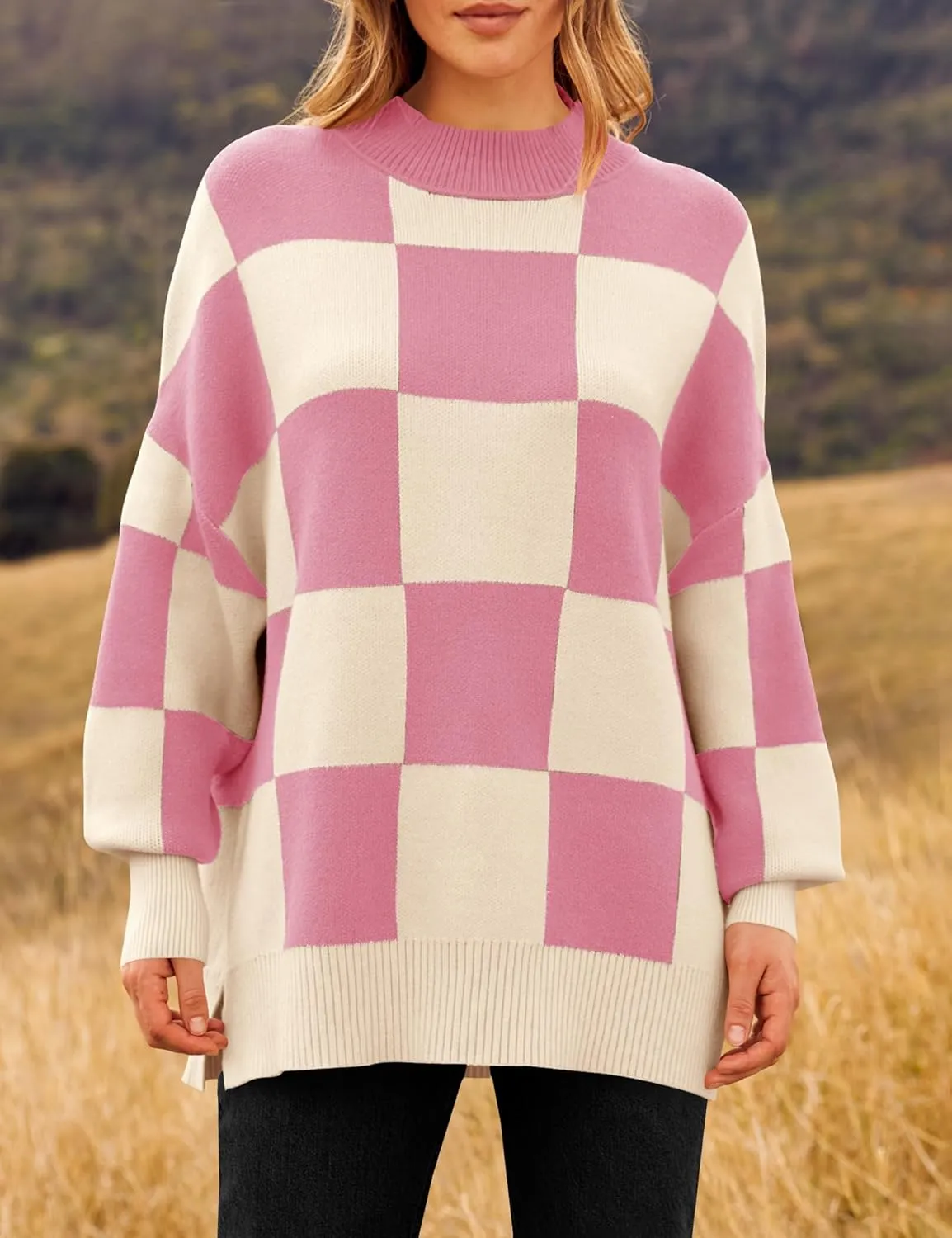 ZESICA Women's Winter Oversized Sweaters Long Sleeve Color Block Mock Neck Side Slit Comfy Loose Knitted Pullover Tops