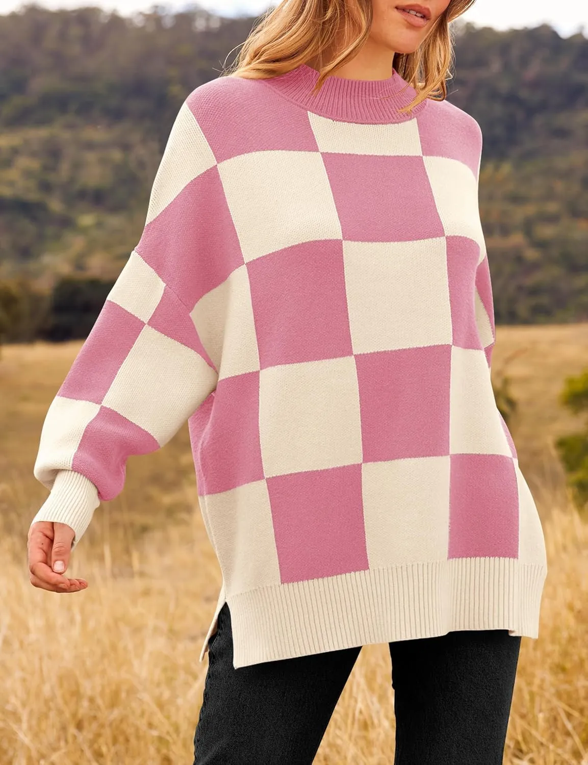 ZESICA Women's Winter Oversized Sweaters Long Sleeve Color Block Mock Neck Side Slit Comfy Loose Knitted Pullover Tops