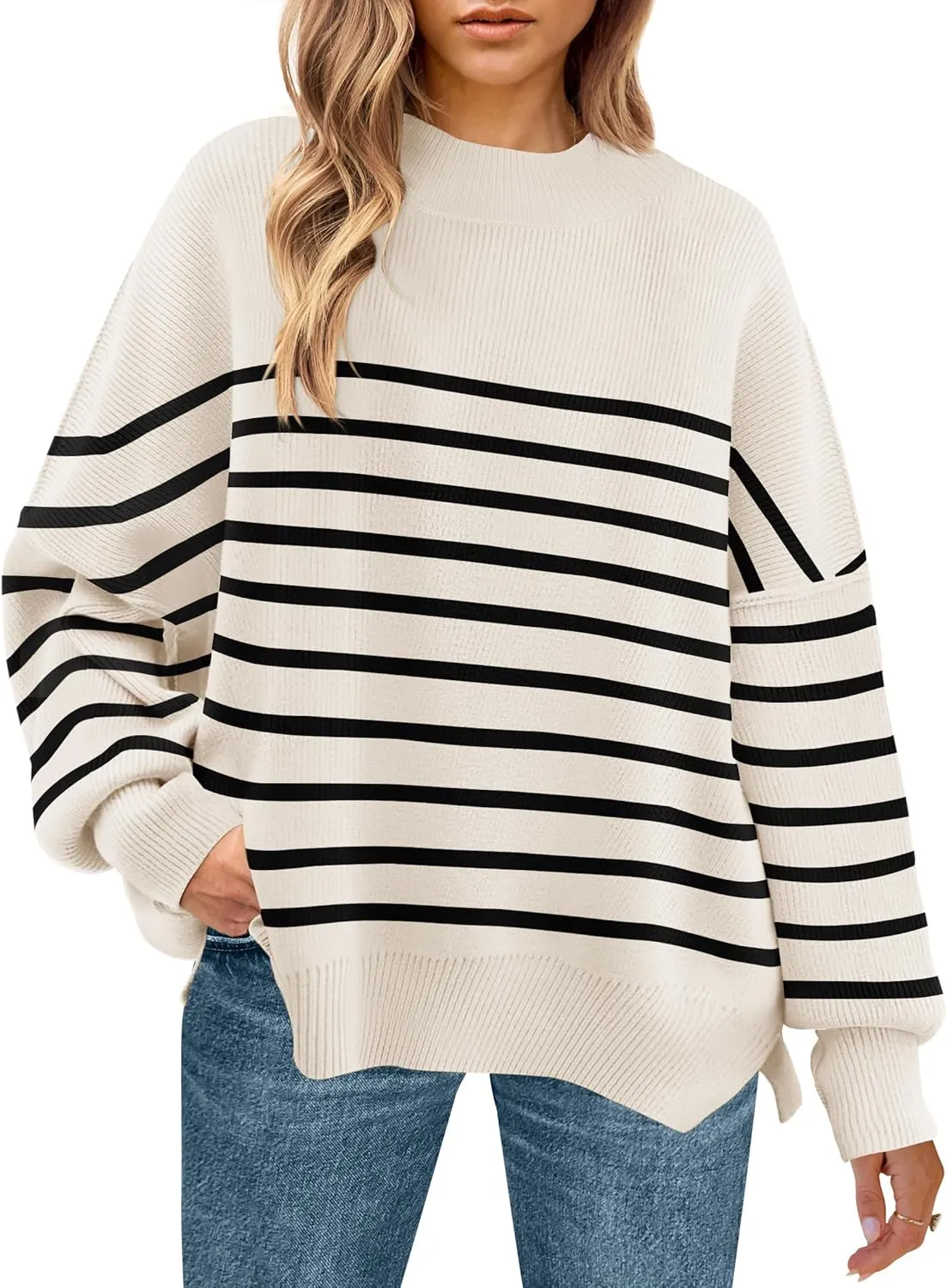 ZESICA Women's Winter Oversized Sweaters Long Sleeve Color Block Mock Neck Side Slit Comfy Loose Knitted Pullover Tops