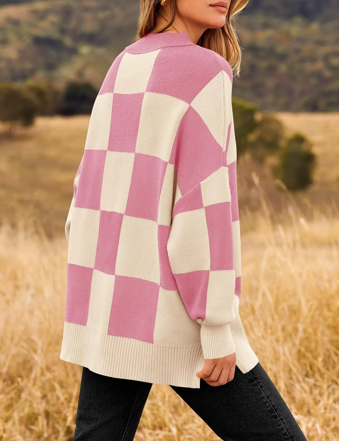 ZESICA Women's Winter Oversized Sweaters Long Sleeve Color Block Mock Neck Side Slit Comfy Loose Knitted Pullover Tops