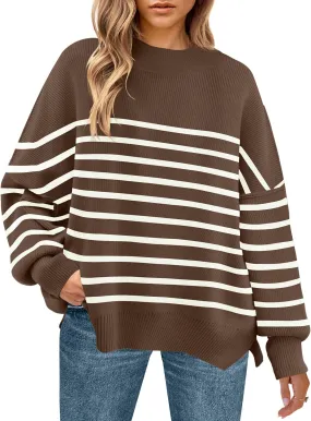 ZESICA Women's Winter Oversized Sweaters Long Sleeve Color Block Mock Neck Side Slit Comfy Loose Knitted Pullover Tops