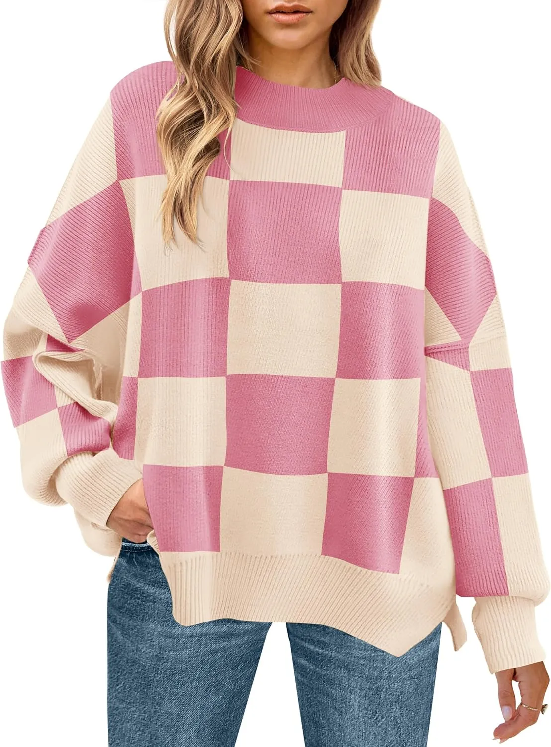 ZESICA Women's Winter Oversized Sweaters Long Sleeve Color Block Mock Neck Side Slit Comfy Loose Knitted Pullover Tops