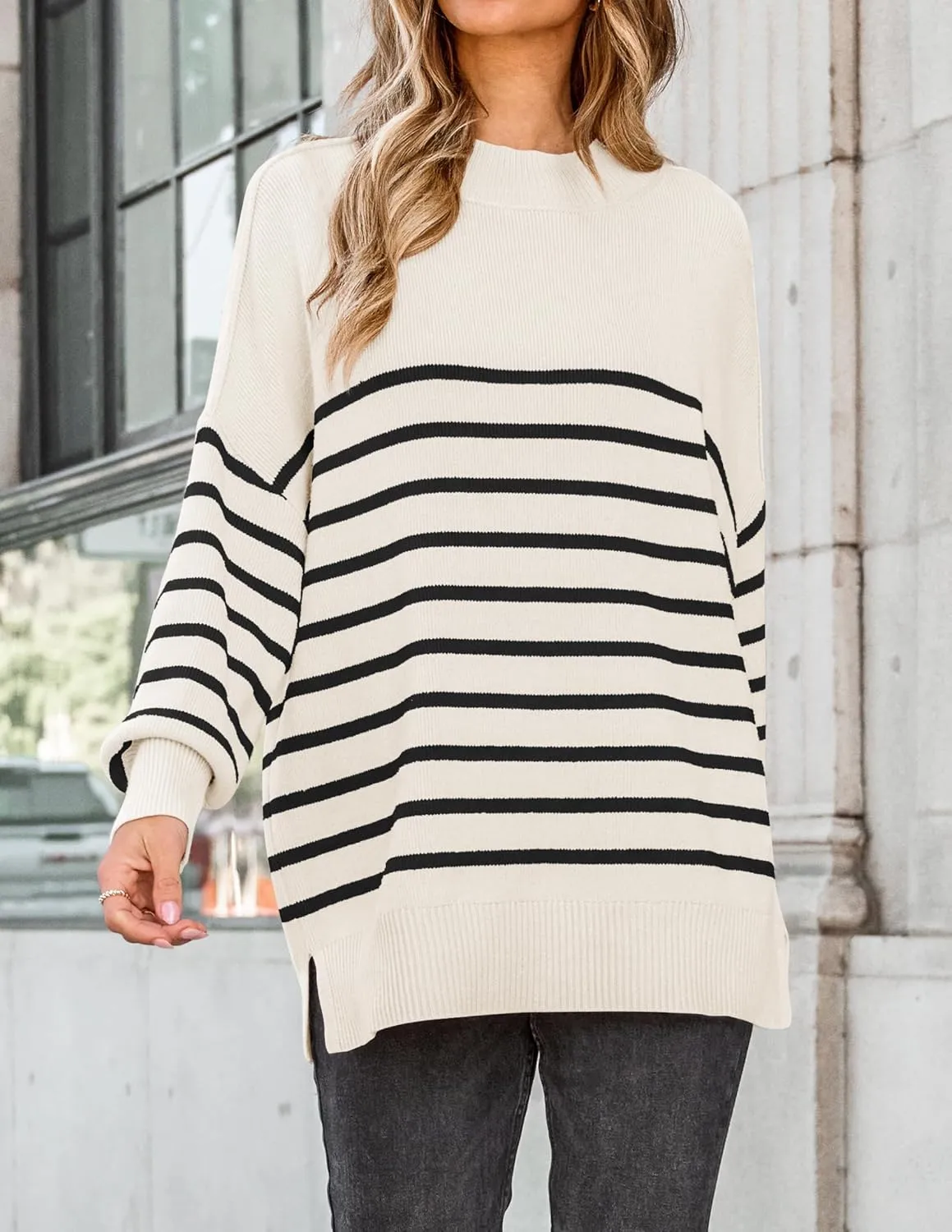 ZESICA Women's Winter Oversized Sweaters Long Sleeve Color Block Mock Neck Side Slit Comfy Loose Knitted Pullover Tops