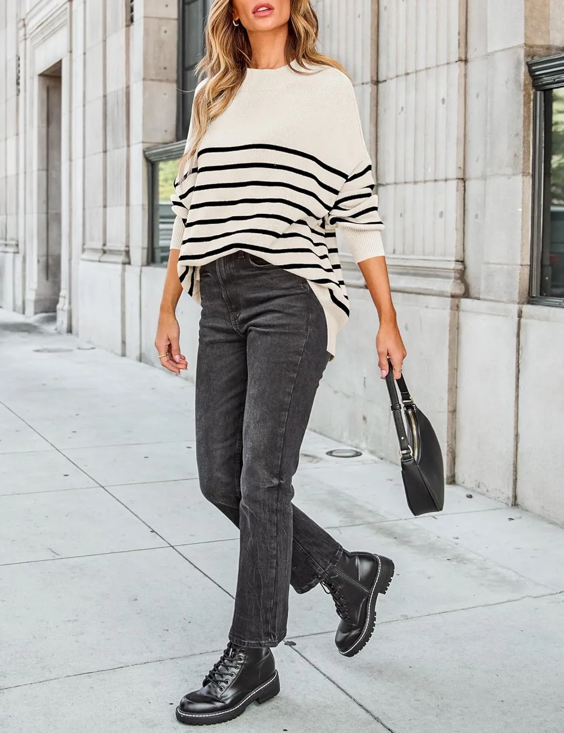 ZESICA Women's Winter Oversized Sweaters Long Sleeve Color Block Mock Neck Side Slit Comfy Loose Knitted Pullover Tops