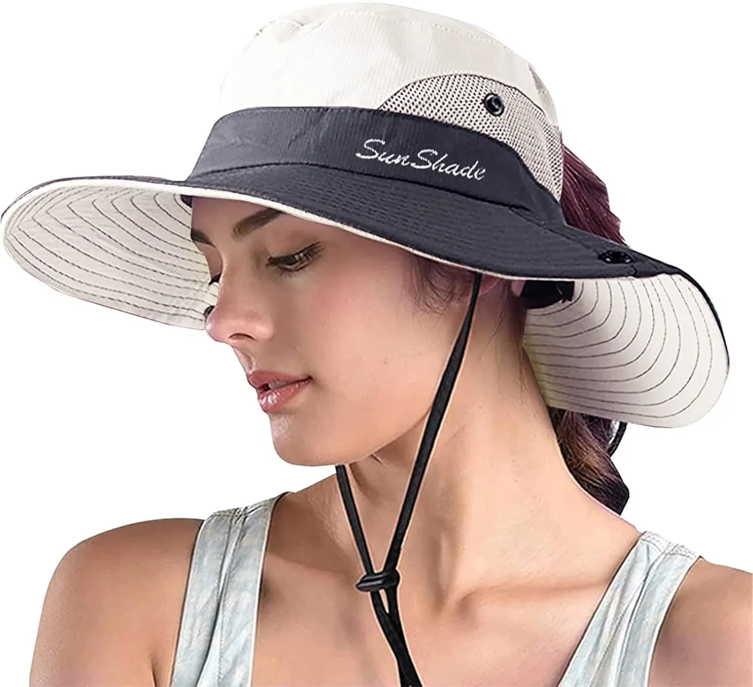 ZOORON Women's Ponytail Safari Sun Hat,Wide Brim UV Protection Outdoor Bucket Hat,Foldable Beach Summer Fishing Hat